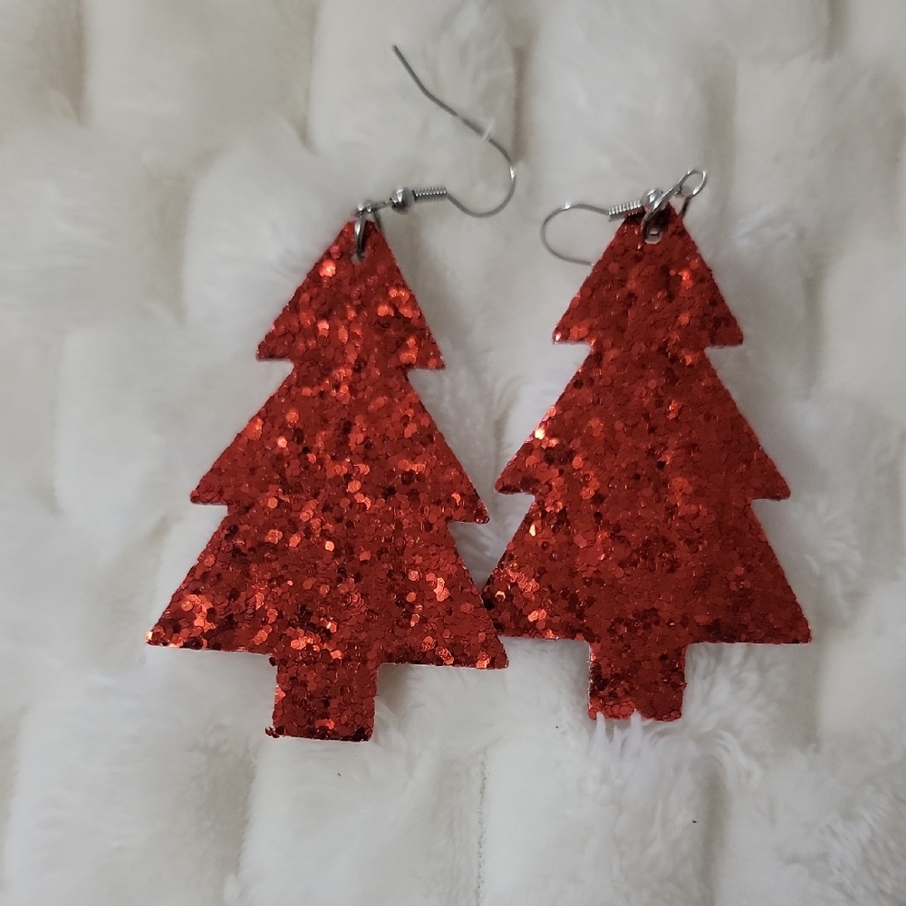 Red Glitter Christmas Tree Earrings Faux Leather